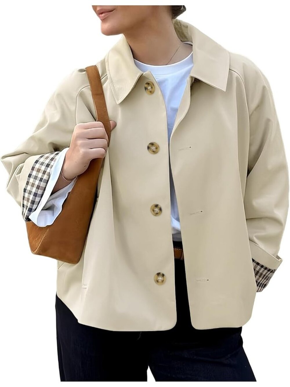 Women Beige Cropped Single Breasted Button Front Plaid Cuff Lining Trench Coat